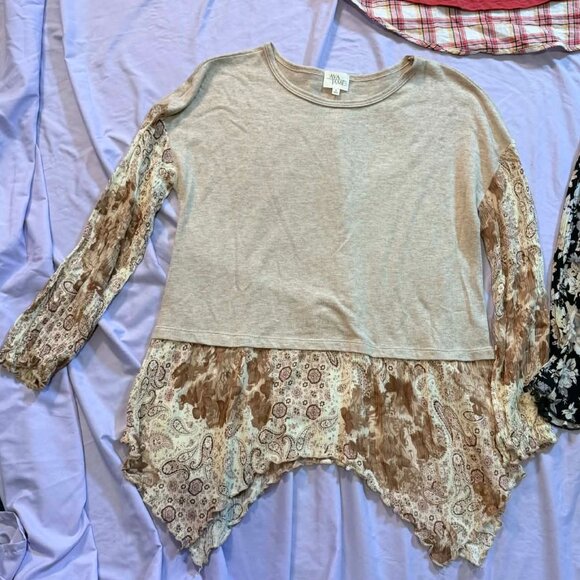 THREE 2-in-1 Layered-Look tops (S/S Orange plaid, L/S Black and Beige) BIG SMALL - Picture 5 of 11